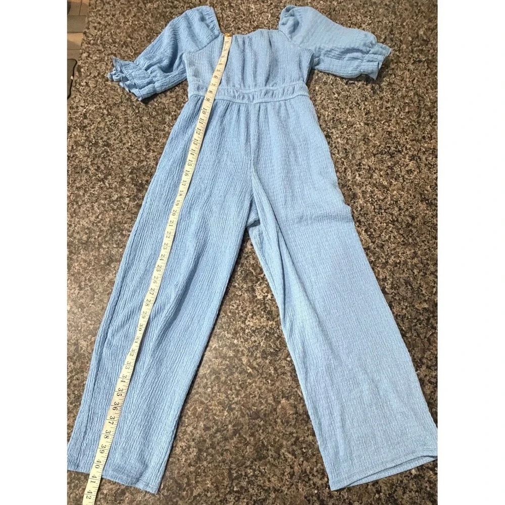 Trixxi Girl Kids Blue Textured‎ Wide Leg Jumpsuit Puff Sleeve Size S T5B427STLI